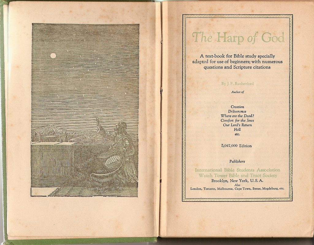 Title page of The Harp of God; inside is a drawing of Jesus on the cross