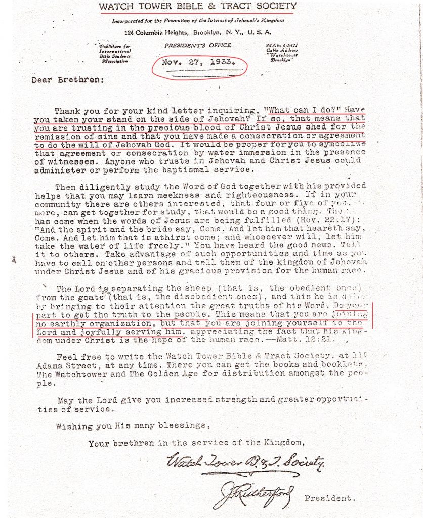 Letter from the Watchtower Society President J. Rutherford dated Nov. 27, 1933;
note especially the section with the vertical red lines.